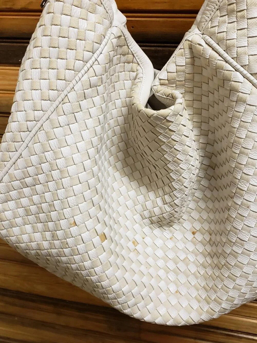 Antonio Melani White Woven Intrecciato Style Leather Hobo Bag Braided Handle